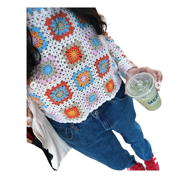 Crochet Cotton Multicolor Granny Square Top Long Sleeve Festival Fall - Picture 6 of 7